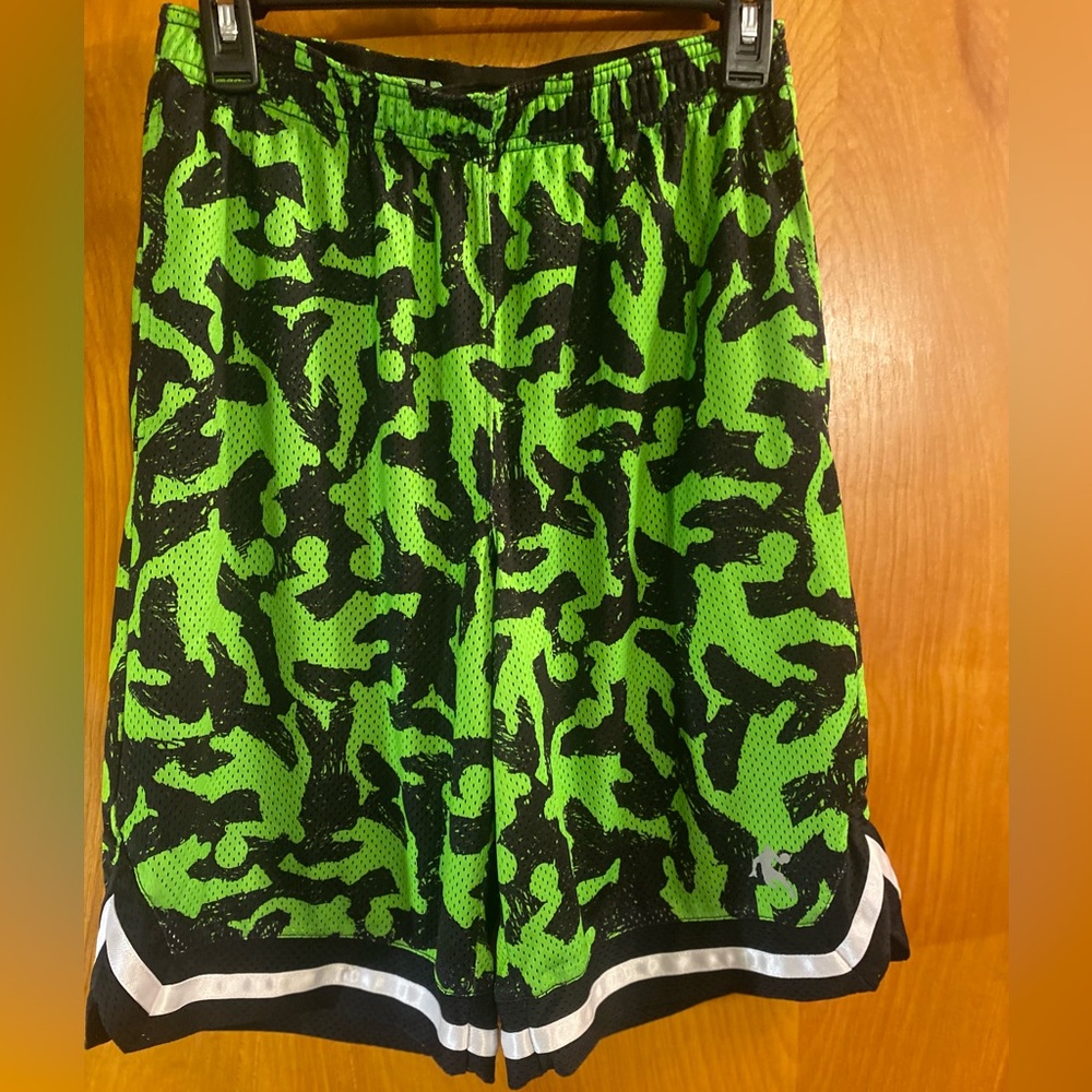 Boys “AND 1” green and black basketball shorts with elastic waist band